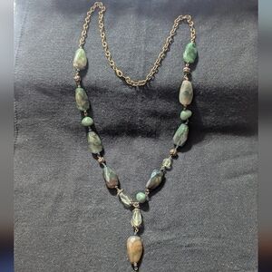 Brass Tone Green and Clear Chunky Beaded Long Statement Necklace